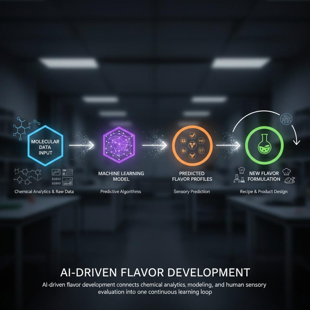 Un diagramme détaillé illustrant le flux de travail de l'IA dans la recherche et le développement d'arômes. De la saisie de données moléculaires et des modèles d'apprentissage automatique aux profils d'arômes prédits et aux nouvelles formulations d'arômes, découvrez comment l'IA crée une boucle d'apprentissage continu pour des expériences gustatives innovantes.