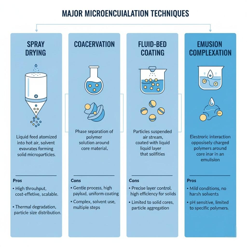 Un organigramme complet comparant les principales techniques de microencapsulation, notamment le séchage par pulvérisation, la coacervation, le revêtement en lit fluidisé et la complexation en émulsion, avec des visuels et de brèves descriptions pour chaque processus.