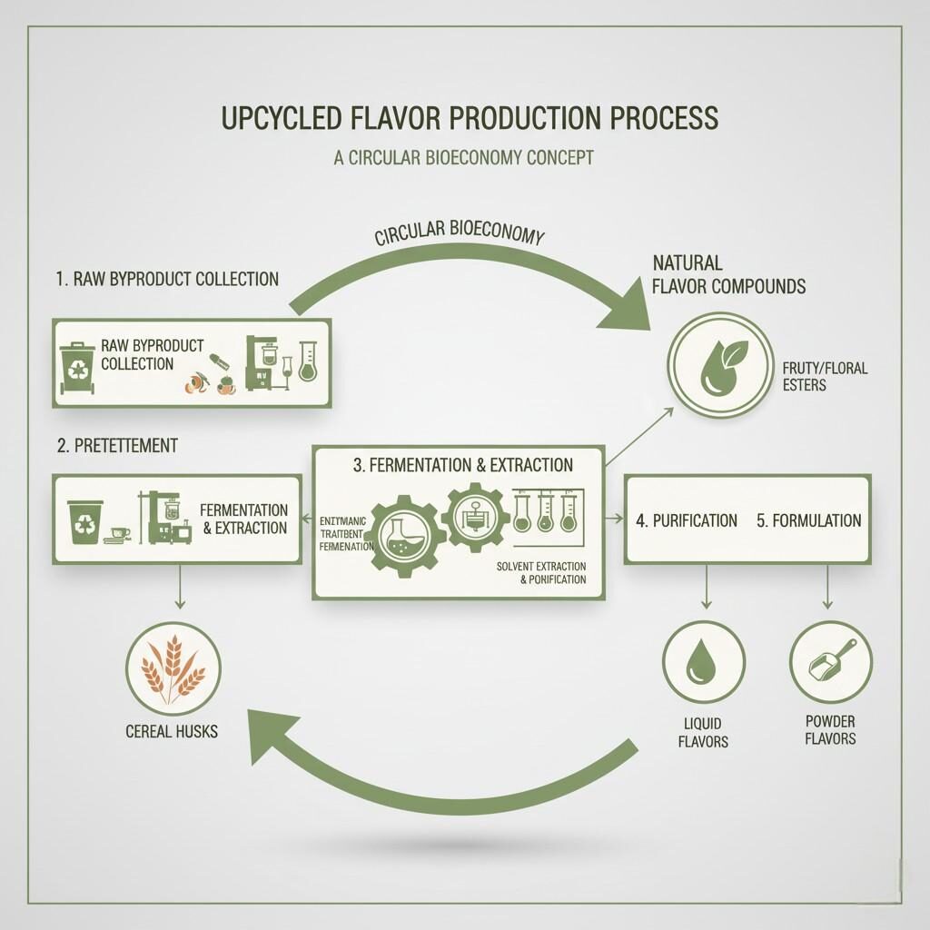 Descubra el proceso detallado de producción de sabores reciclados con este diagrama, que describe los pasos clave desde la recolección y el pretratamiento de subproductos crudos hasta la fermentación/extracción, purificación y formulación final en sabores líquidos o en polvo, enfatizando un enfoque de bioeconomía circular sostenible.