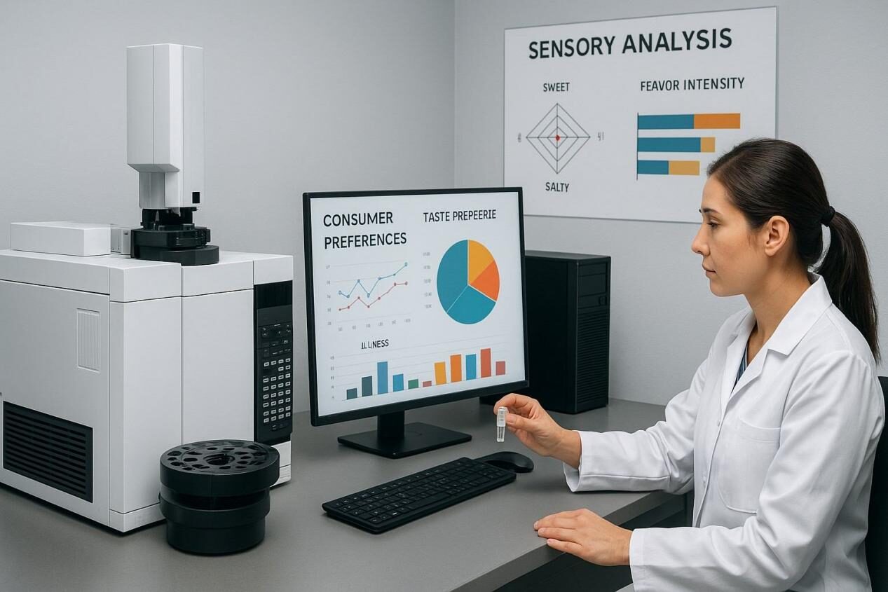 Photo réaliste d'un laboratoire d'analyse sensorielle intégrant le profilage chimique GC - MS avec des tableaux de bord de rétroaction des consommateurs. Idéal pour les blogs sur la science alimentaire, l'évaluation sensorielle et l'innovation de saveur basée sur les données. La conception de la saveur est devenue de plus en plus basée sur les données. Les maisons à la saveur moderne tirent parti de plusieurs outils clés: