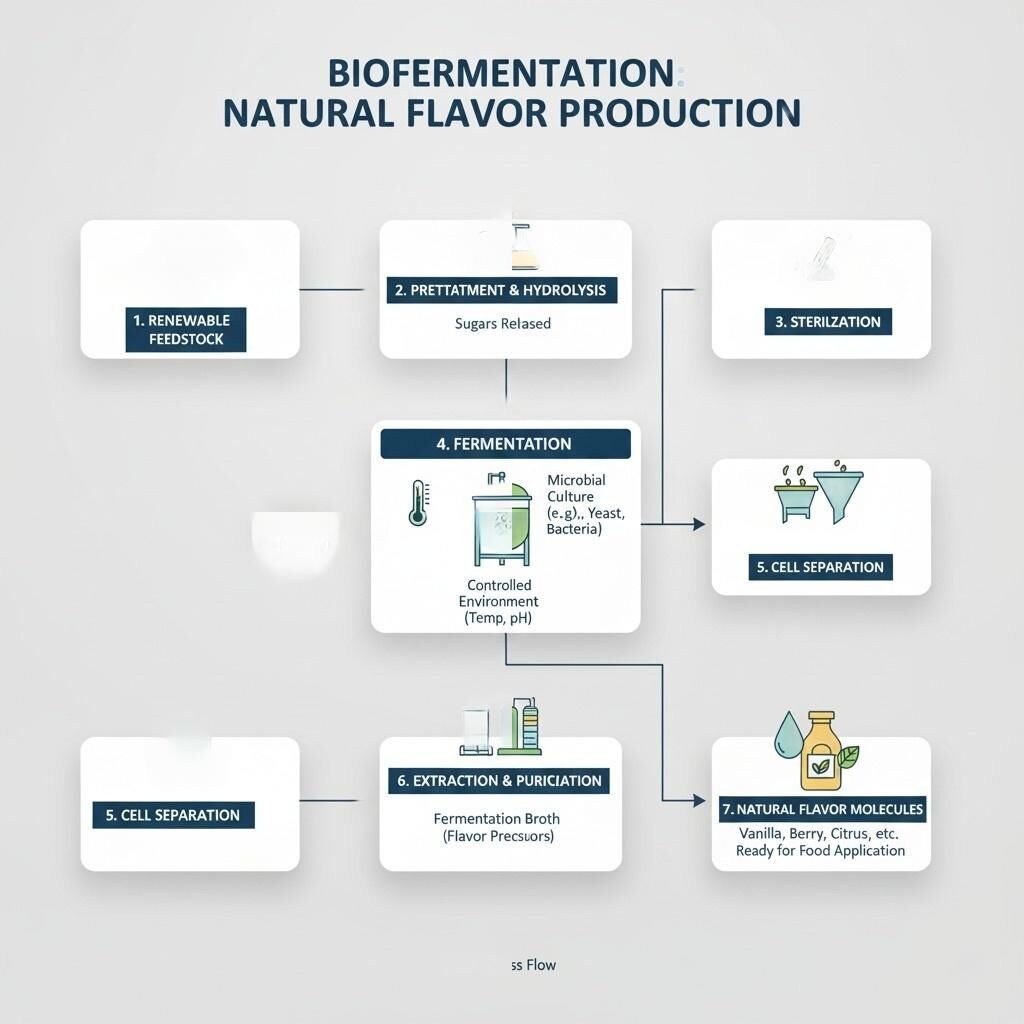 Cet organigramme décrit le processus de biofermentation, détaillant comment les molécules d'arômes naturels sont produites de manière durable à partir de matières premières renouvelables, présentant une méthode clé dans la biotechnologie moderne des aliments et des arômes.