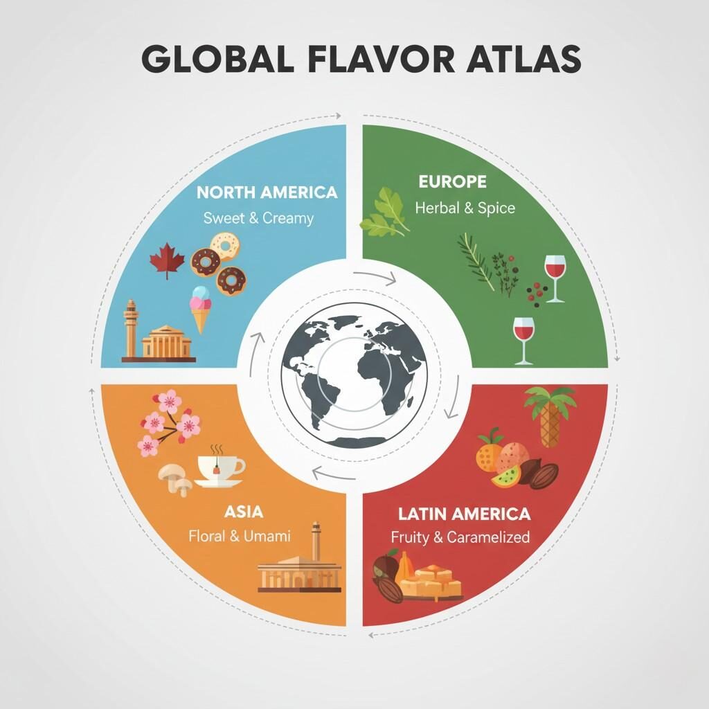 Découvrez les préférences culinaires régionales avec cette carte du « Global Flavor Atlas », catégorisant les goûts comme le sucré et crémeux d'Amérique du Nord, les herbes et épices d'Europe, les arômes floraux et umami d'Asie, et les goûts fruités et caramélisés d'Amérique latine.