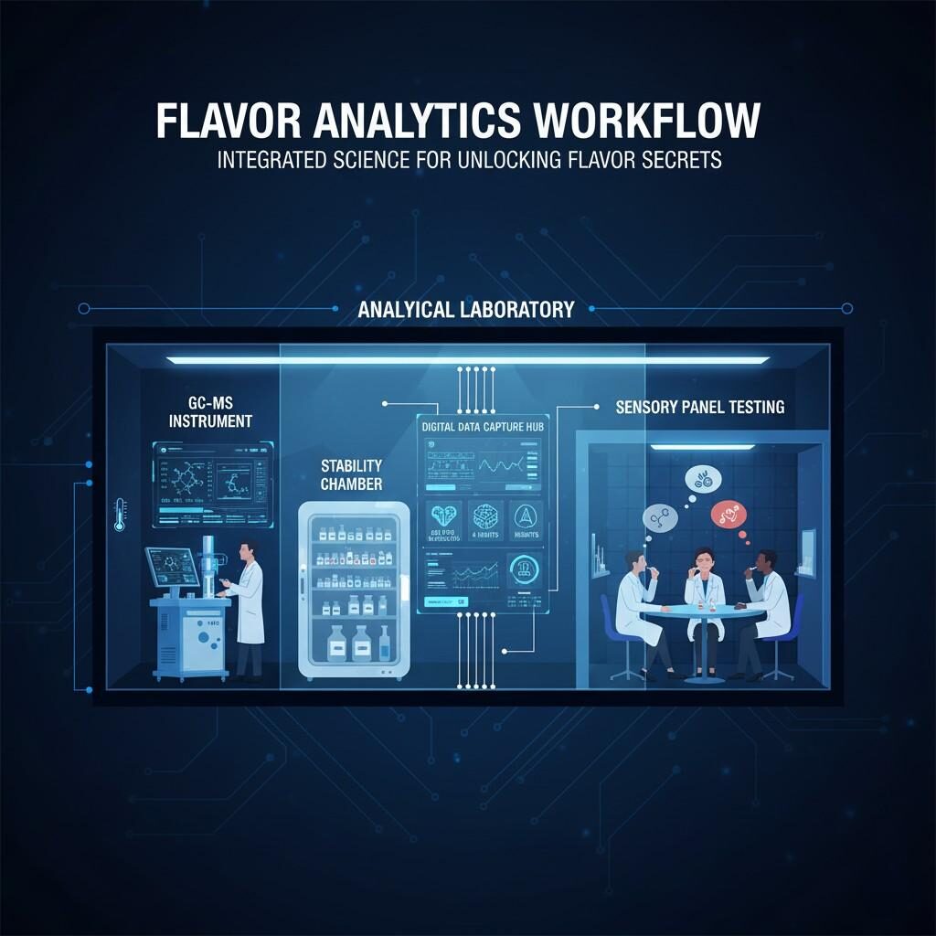 Un graphique en coupe transversale illustrant un flux de travail intégré d’analyse des arômes au sein d’un laboratoire d’analyse. Il comprend des composants clés tels qu'un instrument GC-MS pour l'analyse chimique, une chambre de stabilité pour évaluer la durée de conservation des produits, un panneau sensoriel effectuant des évaluations et un centre central de capture de données numériques pour collecter et analyser toutes les informations. Ce visuel met en avant l’approche scientifique pour percer les secrets des saveurs.