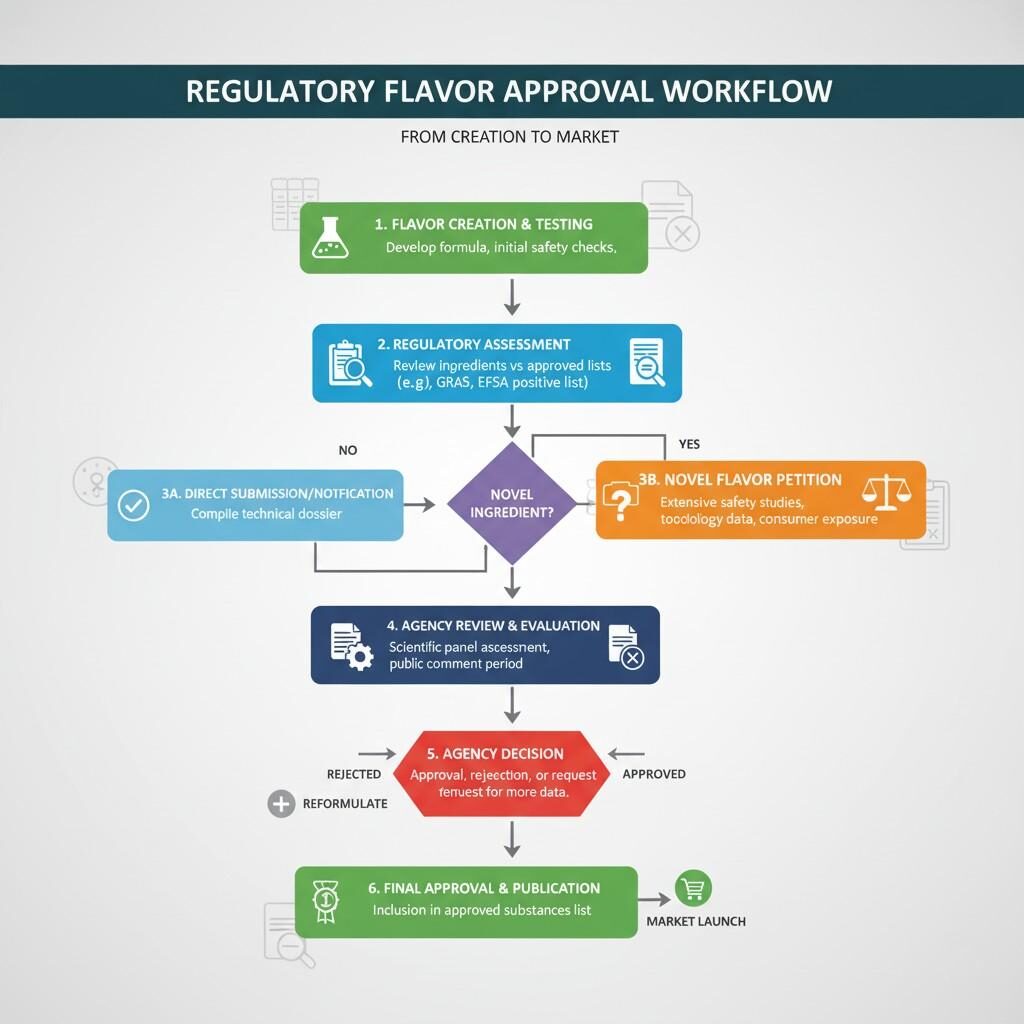 Un diagramme de flux de travail détaillé décrivant le processus d'approbation réglementaire des arômes alimentaires, depuis la création et les tests initiaux, en passant par l'évaluation réglementaire, les demandes d'ingrédients nouveaux ou les soumissions directes, l'examen par l'agence, la décision, l'approbation finale et la publication pour le lancement sur le marché.