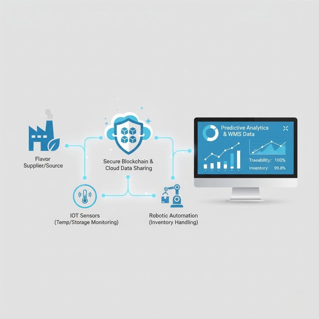 Un diagramme conceptuel illustrant l’intégration de technologies avancées dans la chaîne d’approvisionnement des arômes. Les éléments visuels comprennent un fournisseur, un partage sécurisé de données blockchain/cloud, des capteurs IoT pour la surveillance, une automatisation robotique pour la manipulation, le tout alimentant un écran central affichant des analyses prédictives et des données WMS, représentant un système d'inventaire modernisé, traçable et automatisé.
