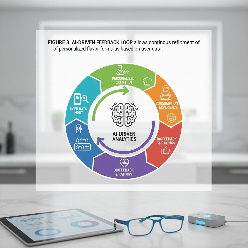 Visualisez la boucle de rétroaction basée sur l'IA qui permet d'affiner continuellement les formules d'arômes personnalisées. Ce processus exploite les données des utilisateurs, les expériences de consommation et le biofeedback pour optimiser de manière dynamique les profils gustatifs en fonction des préférences individuelles.