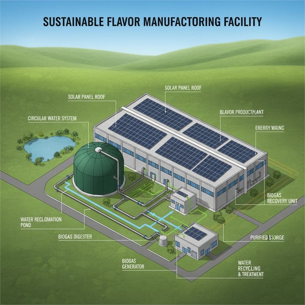 Ce schéma illustre une installation de fabrication d'arômes durables dotée de panneaux solaires sur le toit pour une énergie propre, d'une unité de récupération de biogaz pour la conversion des déchets en énergie et d'un système d'eau circulaire intégré avec récupération et recyclage, démontrant des pratiques industrielles avancées et respectueuses de l'environnement.