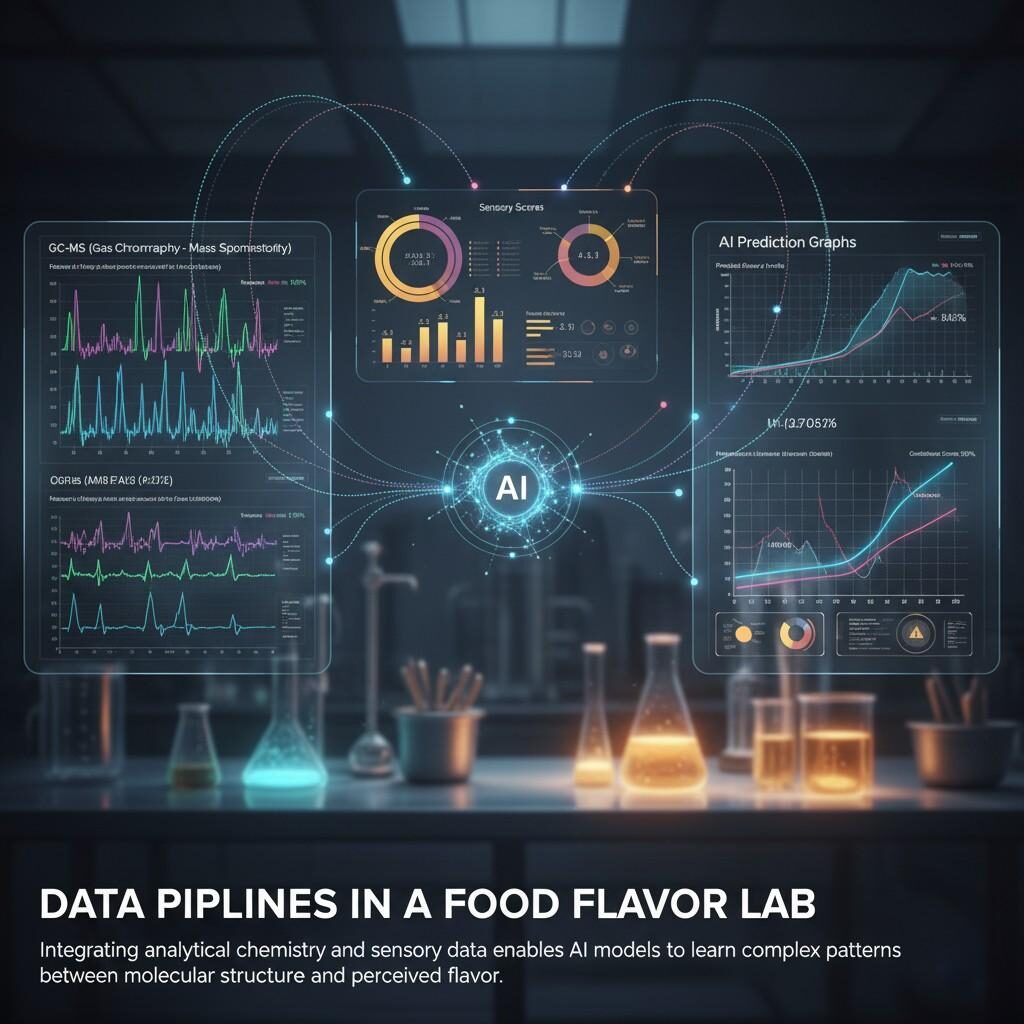 Visualisez les pipelines de données sophistiqués au sein d’un laboratoire moderne d’arômes alimentaires. Cette image montre l'intégration des graphiques de sortie GC-MS, des scores d'évaluation sensorielle et des graphiques de prédiction de l'IA, démontrant comment la chimie analytique et les données sensorielles sont combinées pour former des modèles d'IA et débloquer des relations complexes entre la structure moléculaire et la saveur.