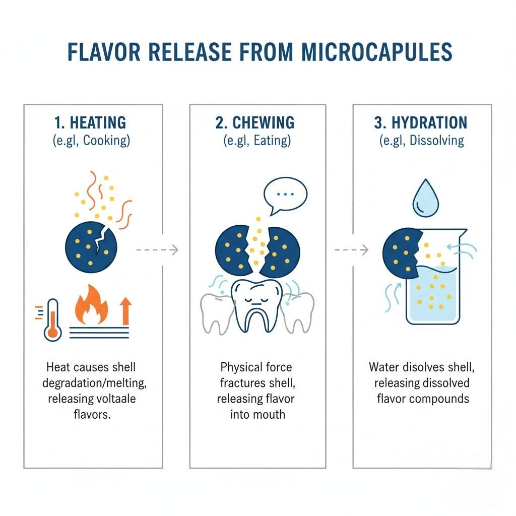 Un diagramme illustrant les différents mécanismes par lesquels les microcapsules libèrent de l'arôme, y compris la dégradation thermique due au chauffage, la fracturation physique due à la mastication et la dissolution due à l'hydratation.