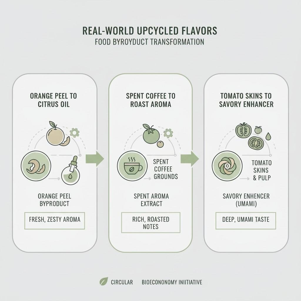 Visualice ejemplos del mundo real de producción de sabores reciclados, que demuestran cómo las cáscaras de naranja se transforman en aceite de cítricos, los posos de café en extracto de aroma tostado y las pieles de tomate en potenciadores salados, mostrando aplicaciones prácticas de la utilización sostenible de subproductos alimentarios.