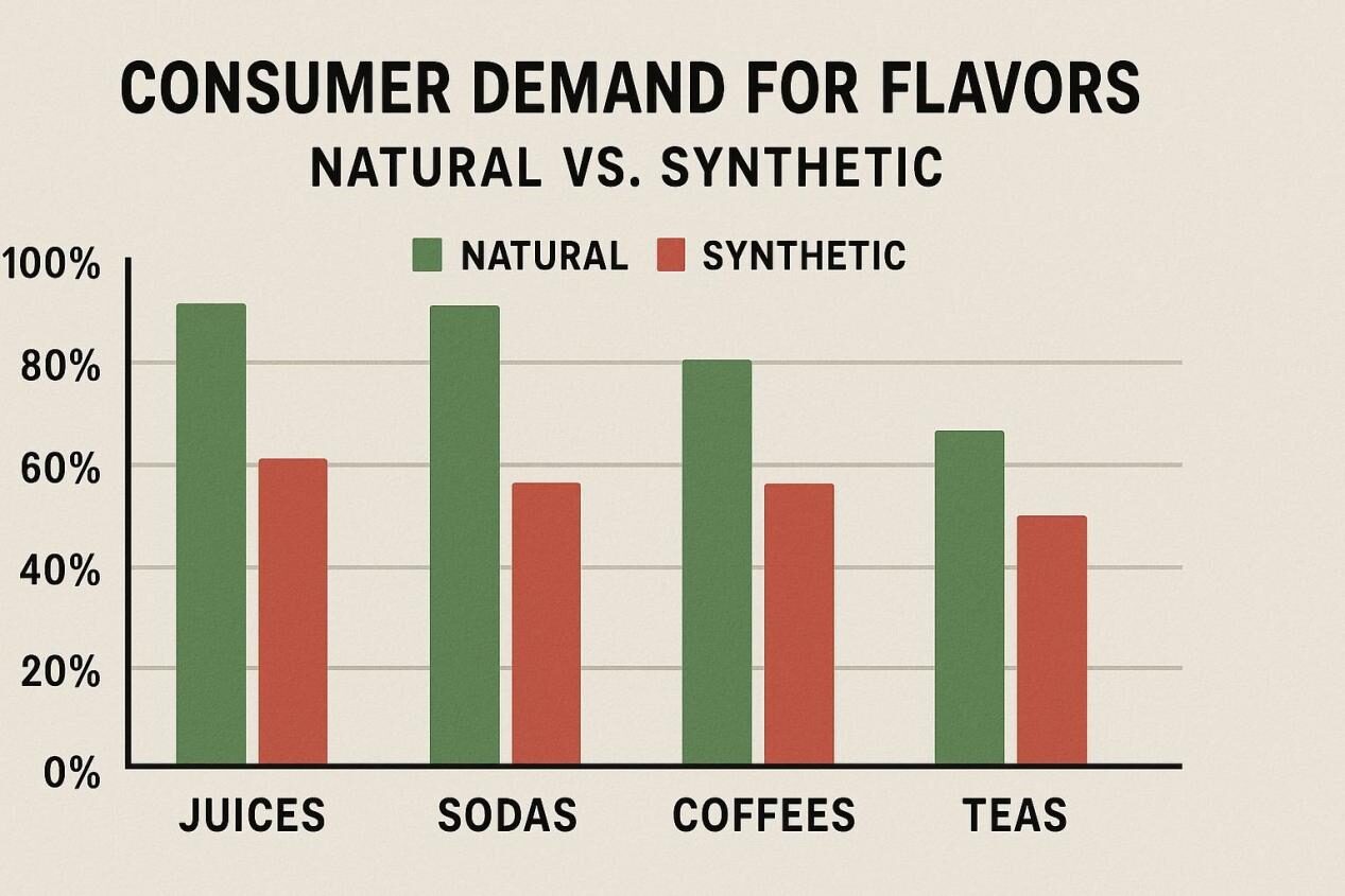 Une infographie réaliste comparant la demande des consommateurs pour les saveurs naturelles et synthétiques dans les catégories de boissons, y compris les jus, les sodas, les cafés et les thés. Idéal pour les blogs sur les tendances du marché, l'innovation des saveurs et les informations sur les consommateurs.