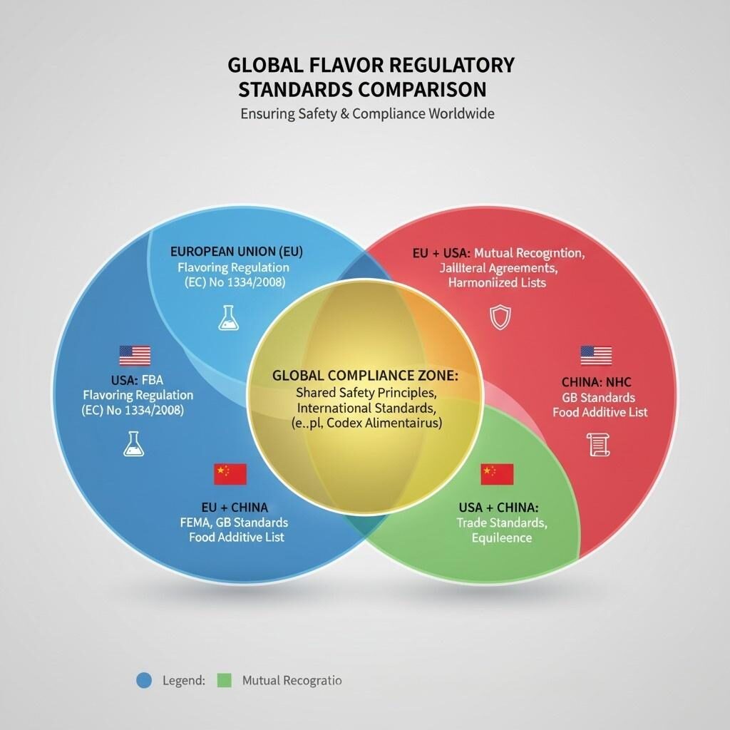Cette comparaison visuelle illustre le paysage complexe des normes réglementaires mondiales en matière d'arômes dans l'UE, aux États-Unis et en Chine, en mettant en évidence leurs cadres individuels et les zones critiques de conformité en matière de sécurité qui se chevauchent et qui facilitent le commerce international.