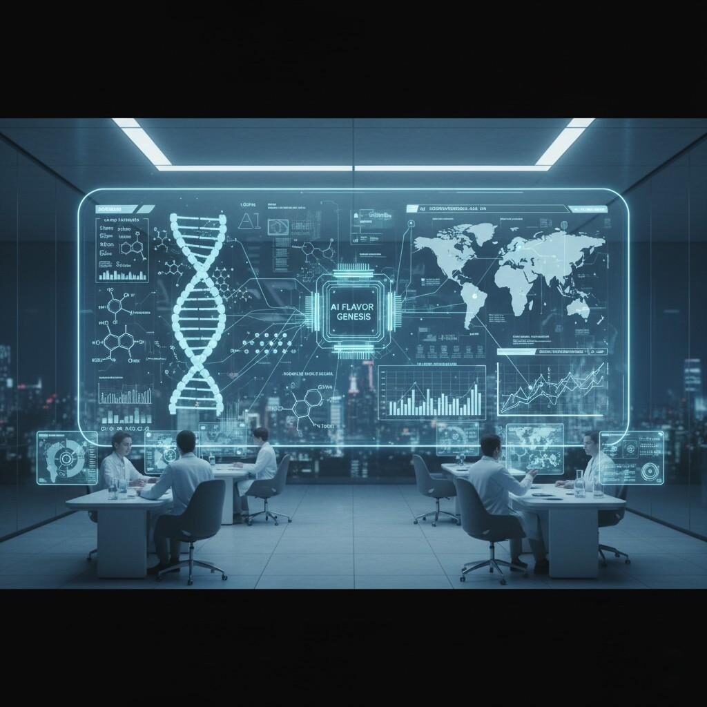 Une visualisation futuriste de la R&D numérique sur les arômes, où une interface d'IA analyse méticuleusement les structures moléculaires complexes et les vastes données des consommateurs provenant de plusieurs continents, favorisant ainsi l'innovation en matière d'arômes de nouvelle génération.