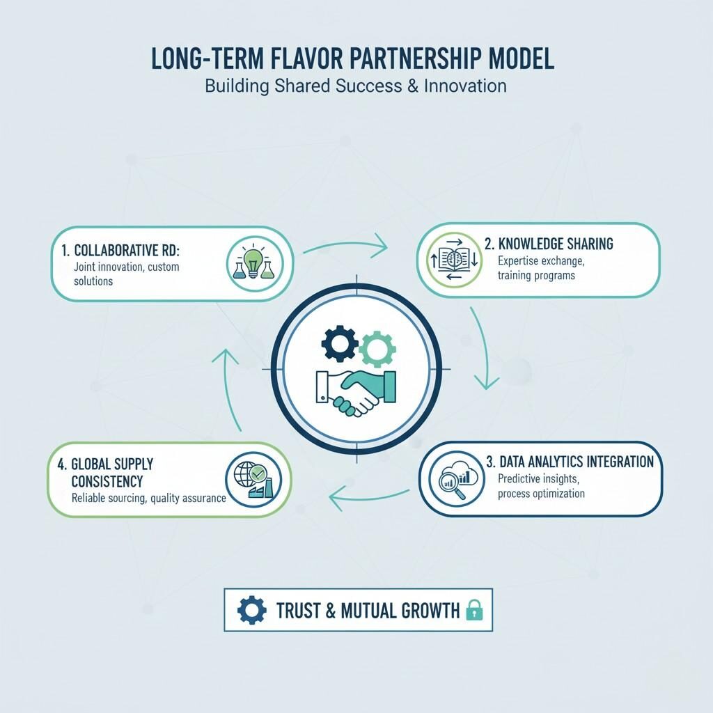 Une infographie illustrant un modèle complet de partenariat aromatique à long terme conçu pour construire un succès et une innovation partagés. Il met en avant quatre piliers clés : une R&D collaborative pour une innovation conjointe, un partage étendu des connaissances, une intégration transparente de l'analyse des données pour des informations prédictives et une solide cohérence de l'approvisionnement mondial pour un approvisionnement fiable. Le modèle met l’accent sur la confiance et la croissance mutuelle comme fondement.