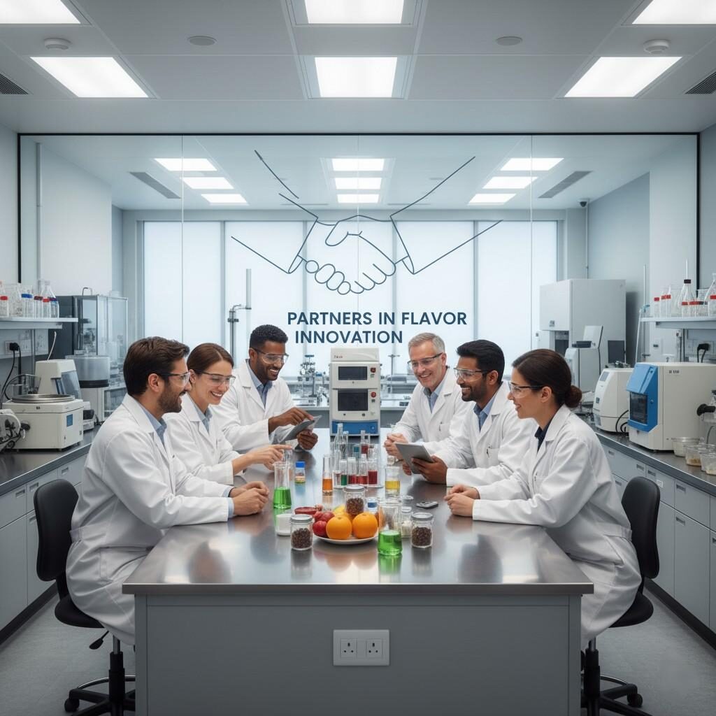 Una foto vibrante captura a un equipo diverso de tecnólogos del sabor y desarrolladores de productos alimenticios que colaboran en un laboratorio de vanguardia. Esta imagen simboliza una asociación sólida y de largo plazo entre proveedor y cliente dedicada a la innovación, la experiencia compartida y la creación de sabores excepcionales para la industria alimentaria.