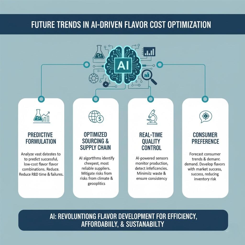 Une infographie illustrant les tendances futures en matière d'optimisation des coûts des arômes basée sur l'IA, détaillant comment l'IA peut améliorer la formulation prédictive, optimiser l'approvisionnement et les chaînes d'approvisionnement, permettre un contrôle qualité en temps réel et mieux prévoir les préférences des consommateurs pour améliorer l'efficacité, l'abordabilité et la durabilité du développement des arômes.