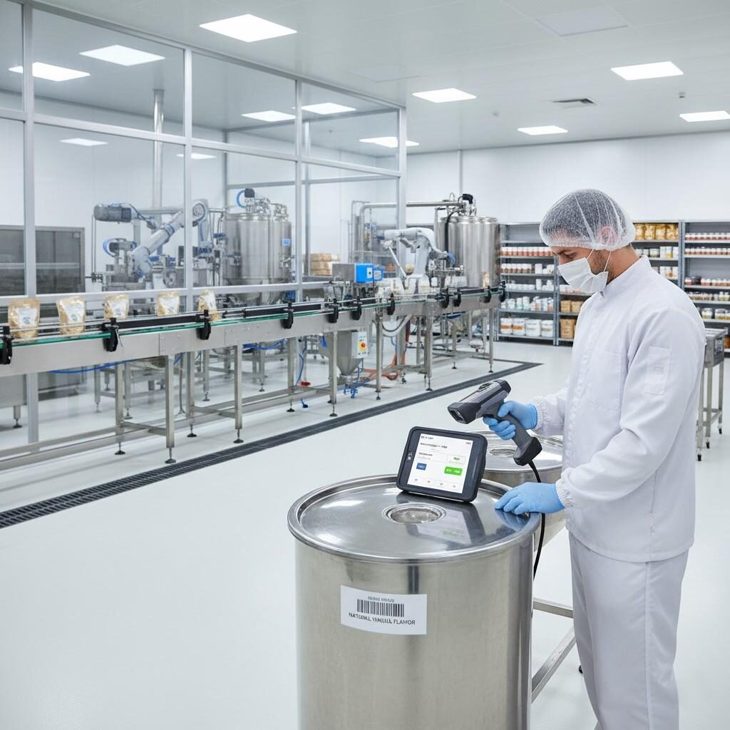 Une image ambitieuse représentant un atelier de production alimentaire lumineux et moderne. Un employé en uniforme de salle blanche scanne avec précision un contenant d'arômes à code-barres avec un appareil portable, relié à un système d'inventaire numérique visible. L’arrière-plan présente des machines automatisées et une chaîne de traitement impeccable, symbolisant l’efficacité, la précision et le lien essentiel entre un inventaire intelligent et une production alimentaire de haute qualité.