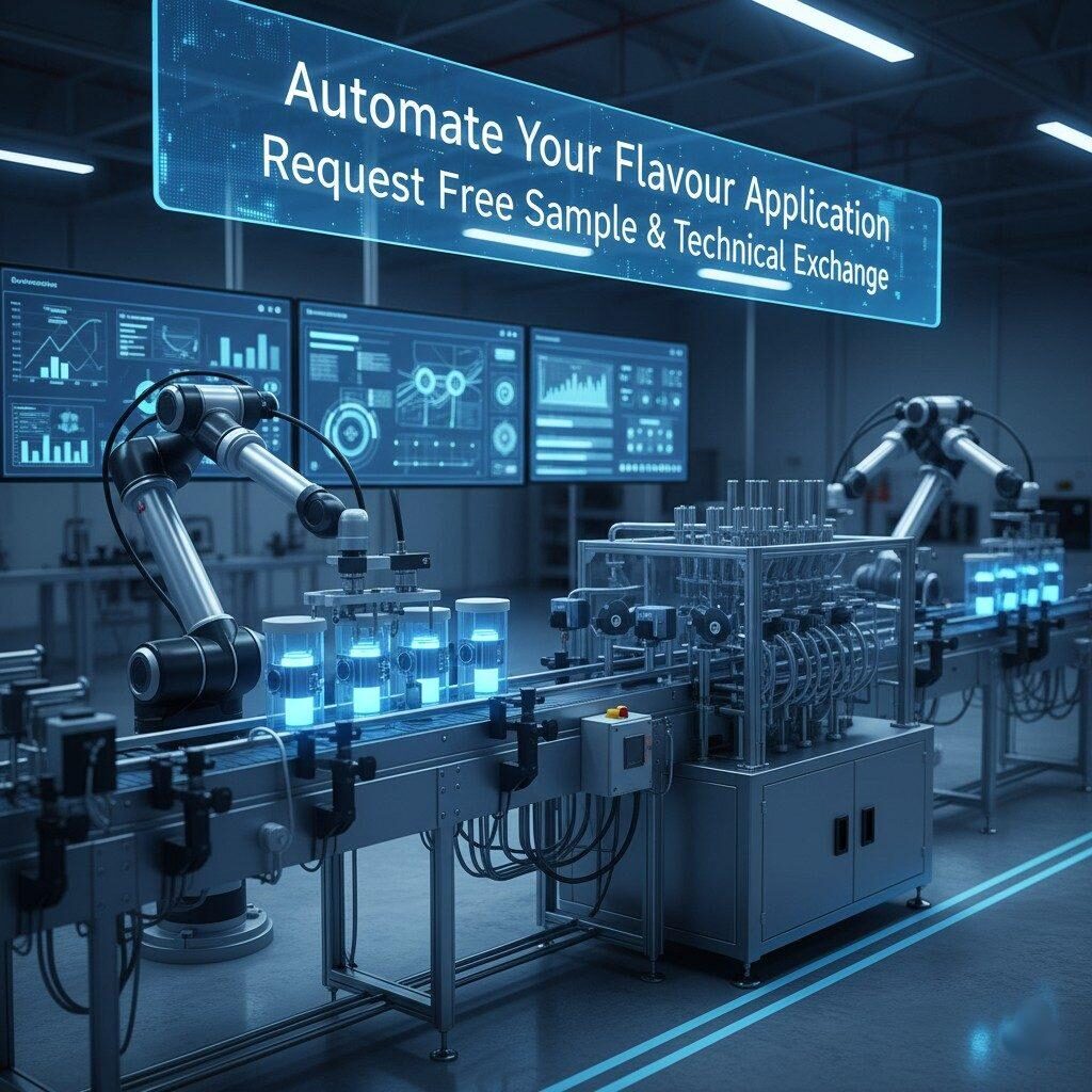 Un visuel convaincant d'une ligne de fabrication d'arômes de haute technologie comprenant des modules de dosage automatisés, des bras robotisés manipulant des conteneurs d'arômes et des tableaux de bord de données intégrés. L'image, placée dans un environnement d'usine propre, fait la promotion de « Automatisez votre application d'arômes » et invite les utilisateurs à « Demander un échantillon gratuit et un échange technique », en mettant l'accent sur l'efficacité et la précision dans la production d'aliments et de boissons.
