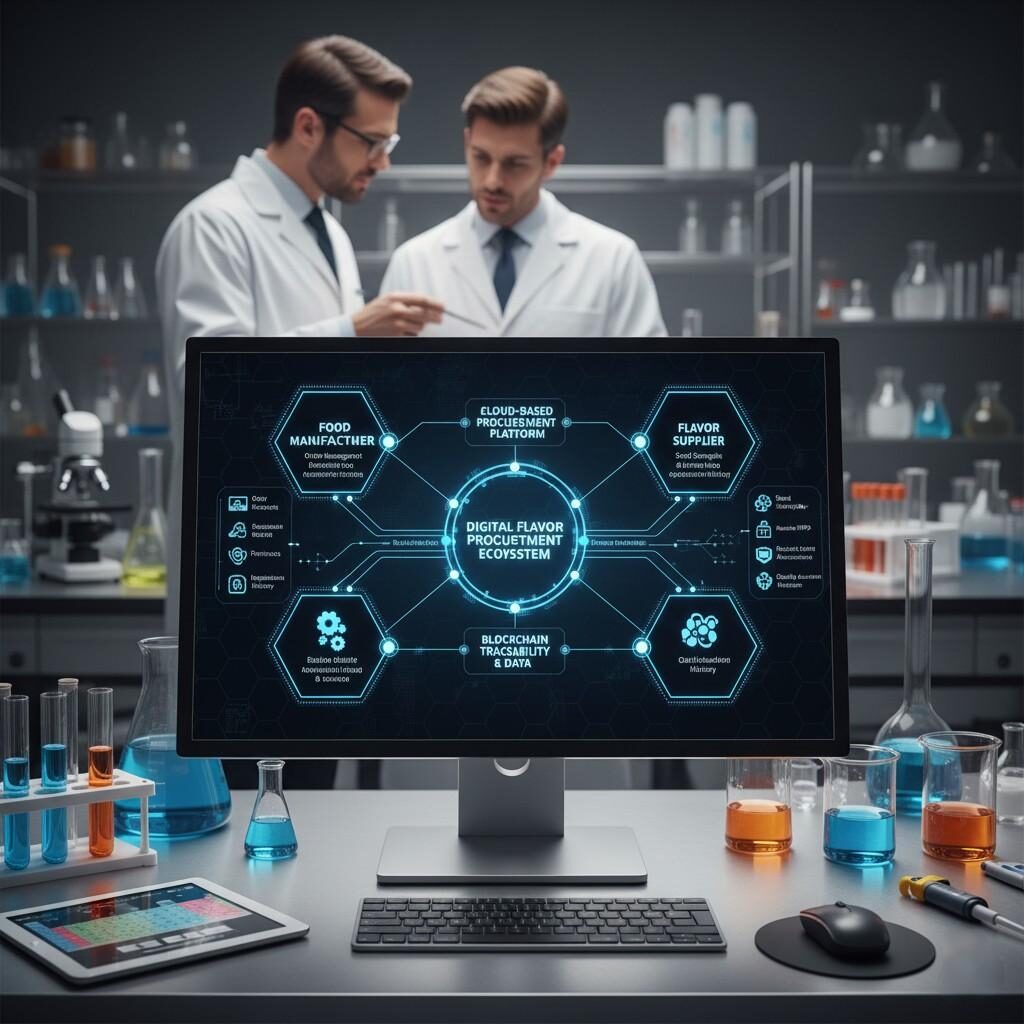 Эта подробная блок-схема иллюстрирует экосистему цифровых закупок ароматизаторов, демонстрируя взаимосвязь производителей продуктов питания, поставщиков ароматизаторов, отслеживаемость блокчейна и облачную систему закупок. Важный визуальный элемент для блогов, посвященных оптимизации цепочек поставок пищевой промышленности, цифровизации источников ингредиентов и использованию передовых технологий для повышения эффективности и прозрачности.