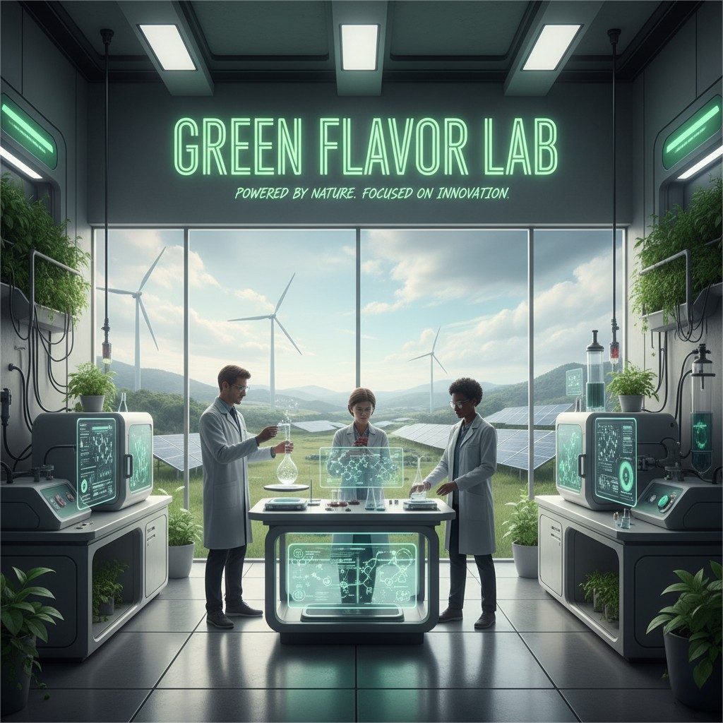 Un rendu futuriste du « Green Flavour Lab » représente des chercheurs analysant des molécules d'arômes biologiques durables dans une installation de pointe alimentée par des énergies renouvelables, comprenant des éoliennes et des panneaux solaires visibles à travers de grandes fenêtres, symbolisant l'innovation motivée par la nature.