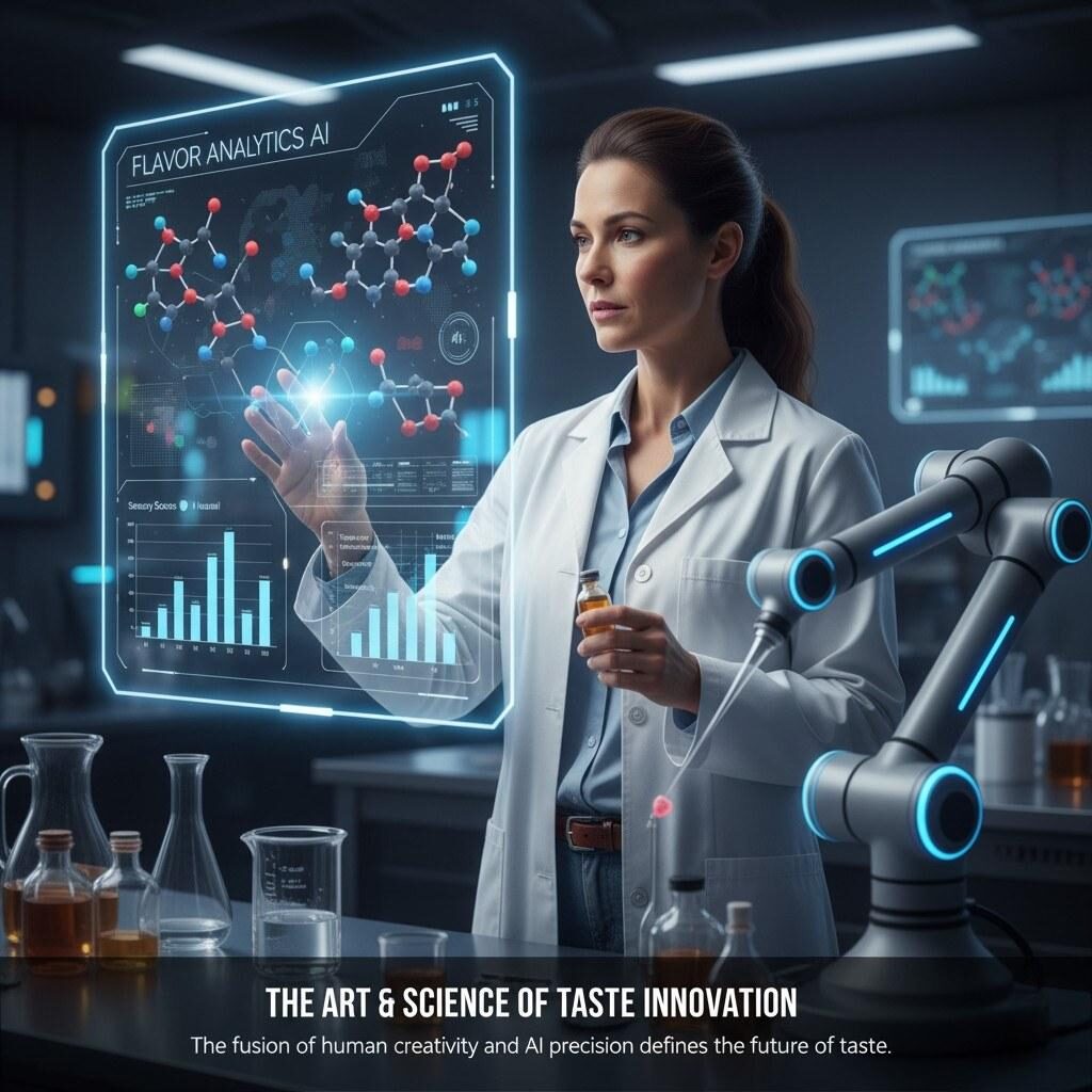 Soyez témoin de la collaboration de pointe entre l’expertise humaine et l’intelligence artificielle. Cette image représente un aromatiste interagissant avec une interface holographique d'IA affichant des structures moléculaires et des scores sensoriels, symbolisant la puissante fusion de la créativité humaine et de la précision de l'IA qui façonne l'avenir de l'innovation gustative dans le développement alimentaire.