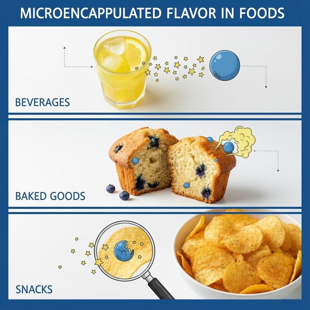 Une image conceptuelle démontrant l'intégration polyvalente de particules aromatiques microencapsulées dans divers produits alimentaires, notamment des boissons rafraîchissantes, de délicieuses pâtisseries et des collations croustillantes, mettant en évidence leur application dans différentes matrices alimentaires.