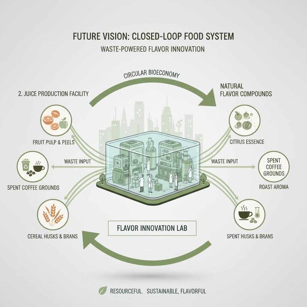 Imagine el futuro de los alimentos con esta imagen que representa un sistema de circuito cerrado donde los desechos de la producción de jugos, café y cereales se alimentan sin problemas en laboratorios avanzados de innovación de sabores, transformando los subproductos en compuestos de sabores naturales para una industria alimentaria verdaderamente circular y sostenible.