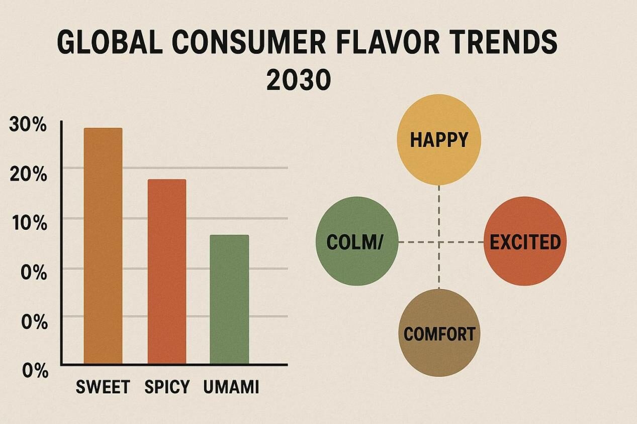 Infographie réaliste visualiser les tendances mondiales des saveurs des consommateurs et la cartographie des émotions pour 2030. Affiche les données de préférence de saveur aux côtés d'associations émotionnelles telles que le bonheur, le confort et l'excitation - idéal pour les blogs sur les tendances alimentaires futures et l'innovation sensorielle.