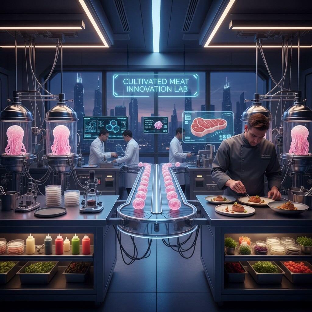 Explore a cutting-edge, futuristic laboratory kitchen where cultivated meat is innovated. This image captures the blend of scientific rigor with culinary artistry, showcasing advanced cell-culture bioreactors alongside chefs plating gourmet dishes, highlighting the journey from lab to table in sustainable food production.