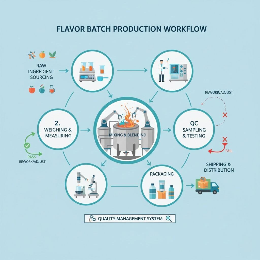 A detailed visual diagram illustrating the complete workflow of flavor batch production, covering steps from raw ingredient sourcing, precise weighing and measuring, mixing and blending, through rigorous QC sampling and testing, and finally to packaging and distribution. This diagram also highlights the role of the Quality Management System throughout the process.