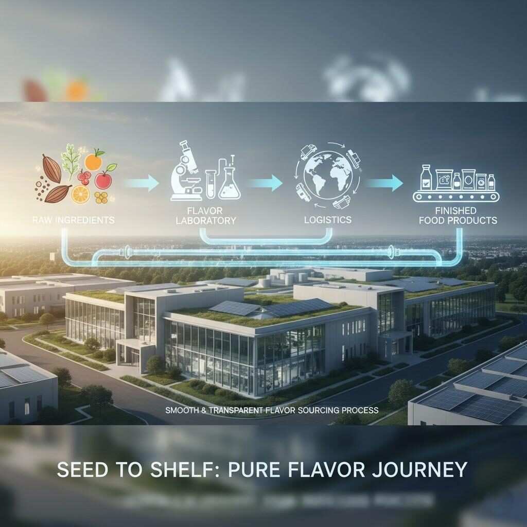 Explore a modern food manufacturing plant showcasing a transparent and efficient flavor sourcing process. This visual journey connects raw ingredients through a flavor laboratory and global logistics, culminating in high-quality finished food products, emphasizing a seamless "seed to shelf" pure flavor journey.