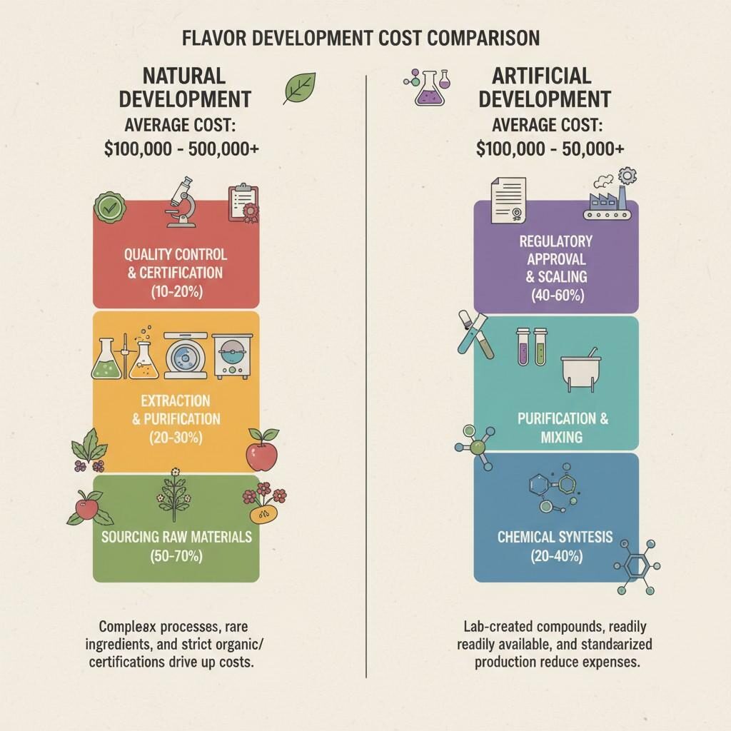 An infographic comparing the average costs and breakdown of stages for natural flavor development (sourcing, extraction, QC) versus artificial flavor development (chemical synthesis, purification, regulatory approval), highlighting the significant cost drivers in each process.