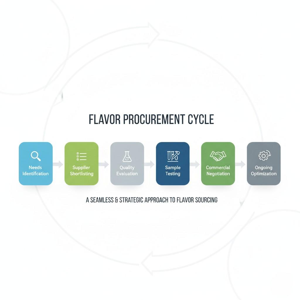 An infographic illustrating the comprehensive "Flavor Procurement Cycle," from initial Needs Identification and Supplier Shortlisting, through Quality Evaluation and Sample Testing, to Commercial Negotiation and continuous Ongoing Optimization. This visual guide outlines a strategic and seamless approach to flavor sourcing in the food industry.