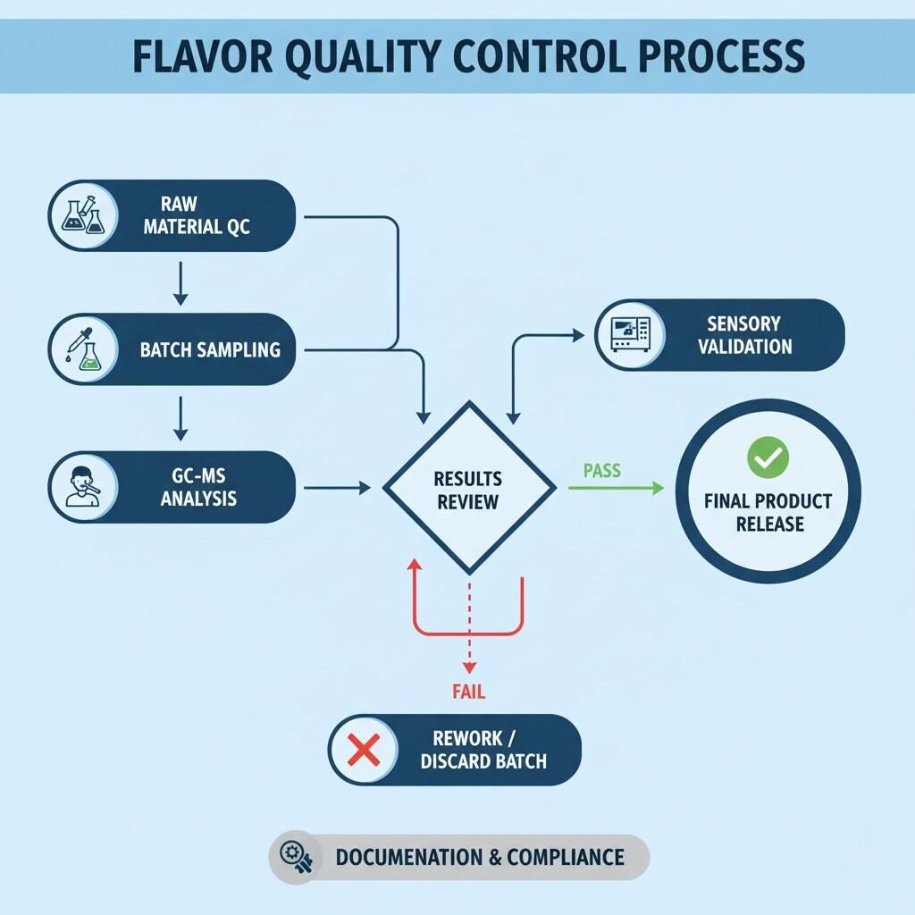 A comprehensive flowchart outlining the flavor quality control process, from initial raw material QC and batch sampling, through analytical methods like GC-MS analysis, to human sensory validation, and concluding with final product release. The chart also details steps for results review and potential rework or discarding of batches, emphasizing documentation and compliance.