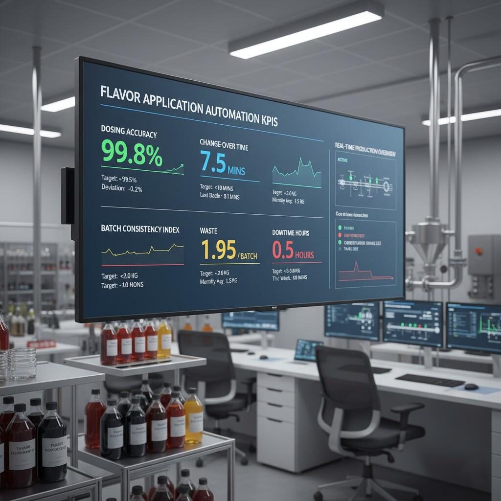 Visualize key performance indicators for flavor application automation in this digital dashboard image. Metrics include dosing accuracy, change-over time, waste per batch, batch consistency index, and downtime hours, all displayed within a modern factory control room setting, illustrating critical data for optimized food and beverage production.