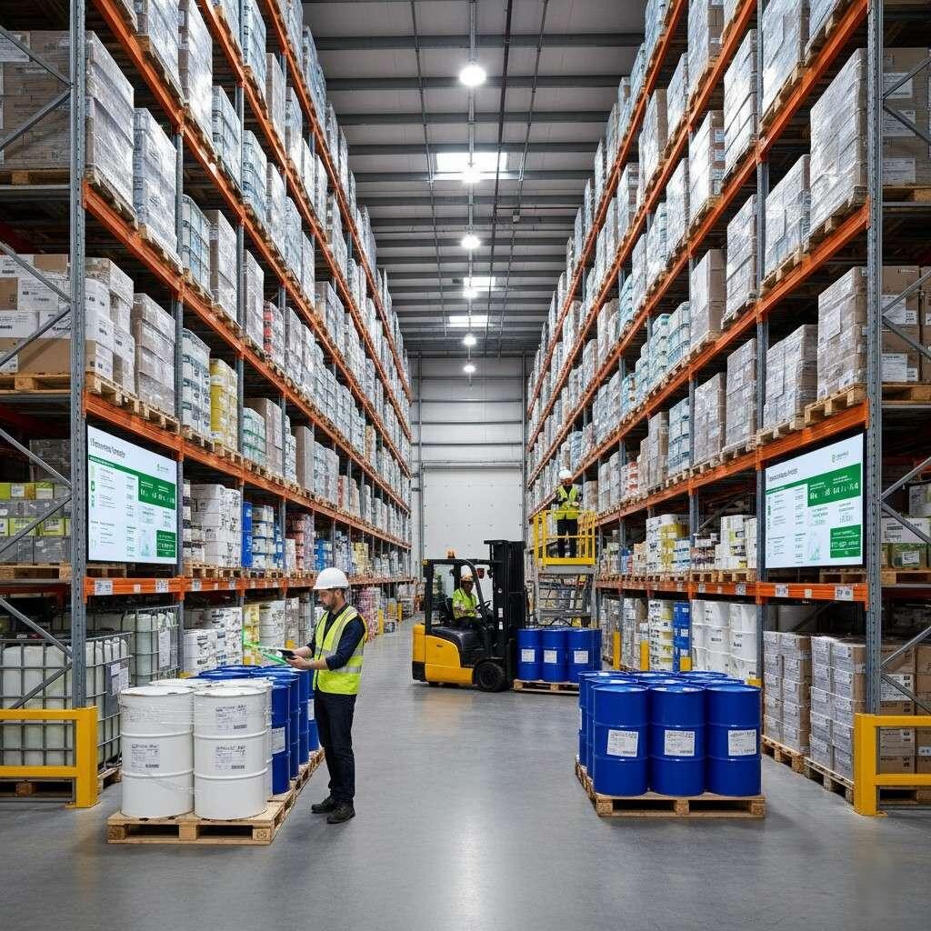Une image représentant un entrepôt d'ingrédients ou un centre logistique très organisé, avec des palettes de fûts d'arômes soigneusement disposées, un chariot élévateur en fonctionnement et un employé scannant activement l'inventaire avec un lecteur de codes-barres. Ce visuel illustre efficacement les discussions autour de la chaîne d'approvisionnement et de la planification des stocks, en mettant en évidence les stratégies permettant d'éviter les temps d'arrêt et de garantir l'efficacité opérationnelle.