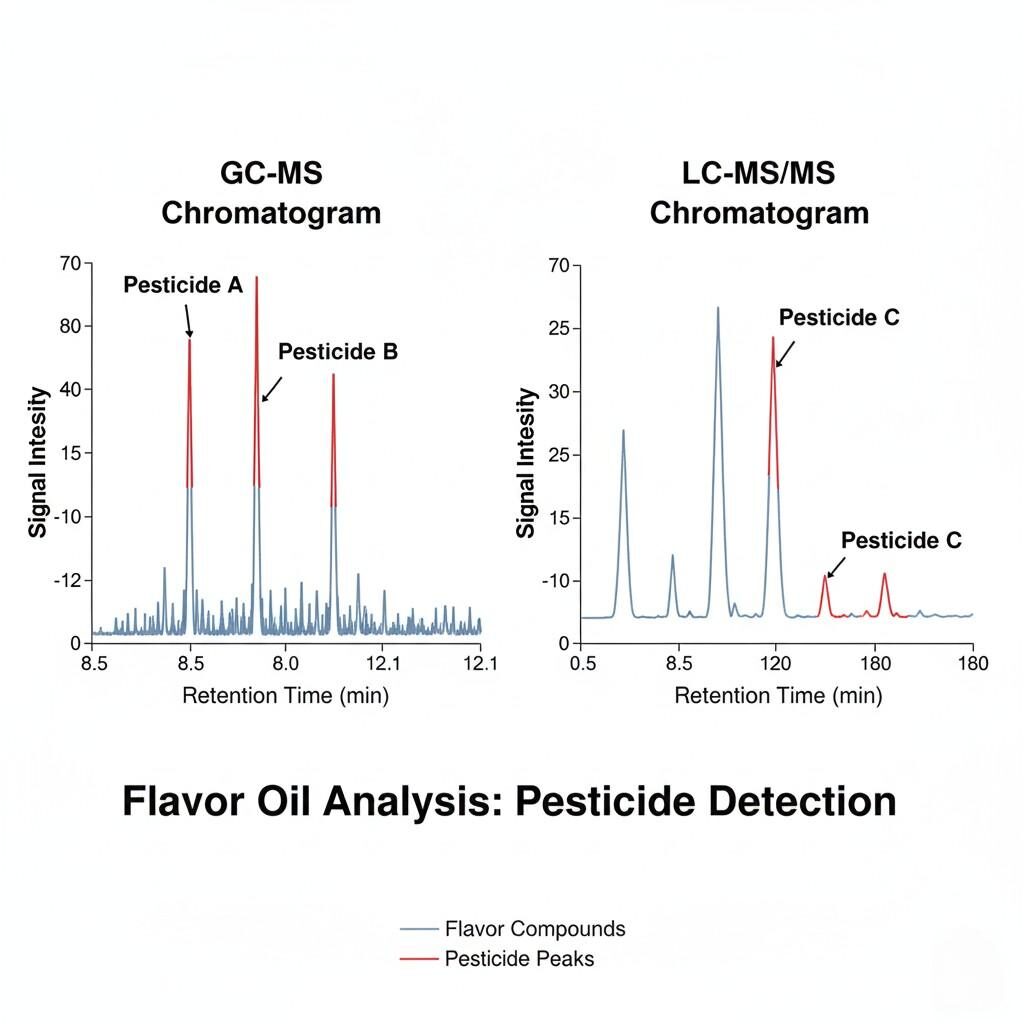 Un affichage côte à côte des chromatogrammes GC-MS et LC-MS/MS mettant clairement en évidence l'identification des pics de pesticides dans les échantillons d'huile aromatique. Ce visuel démontre efficacement les techniques analytiques avancées utilisées pour détecter les contaminants et garantir la sécurité et la qualité des ingrédients aromatiques.