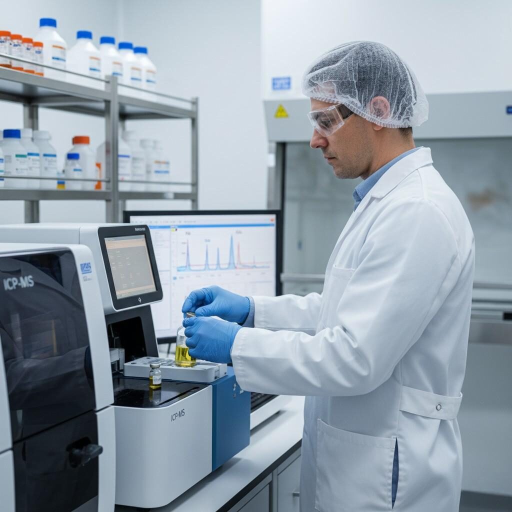 Un chimiste analytique dans un environnement de laboratoire vierge, portant un équipement de protection, utilisant un instrument ICP-MS. Le chimiste teste méticuleusement les échantillons d’huiles essentielles pour détecter la présence de métaux lourds nocifs comme le plomb et le cadmium, garantissant ainsi la sécurité et la qualité des produits.