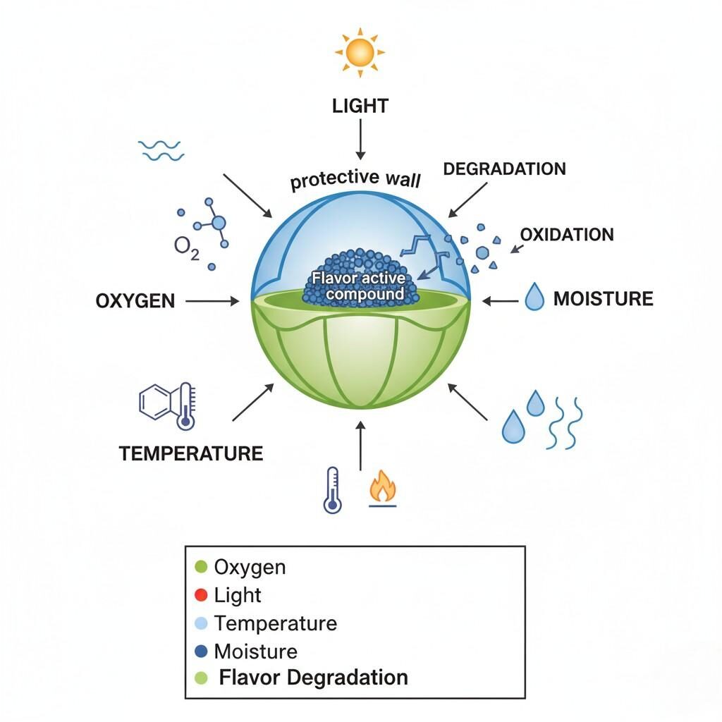 Ce diagramme schématique illustre les principaux facteurs de dégradation (oxygène, lumière, température et humidité) et leurs interactions avec une gouttelette d'arôme ou une microcapsule encapsulée. Visualisant comment ces éléments environnementaux conduisent à l’oxydation et à la dégradation globale de la saveur, il s’agit d’une ressource essentielle pour comprendre la stabilité de la saveur dans la science alimentaire et le développement de produits.