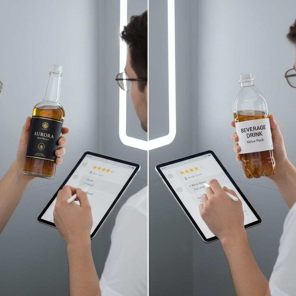 Une image comparative convaincante illustrant l’impact de l’emballage sur la perception du consommateur. Deux boissons identiques sont présentées dans des emballages premium et génériques, avec des écrans numériques correspondants affichant différentes évaluations des consommateurs issues d'un test de dégustation à l'aveugle, soulignant le pouvoir de l'image de marque et de la présentation.