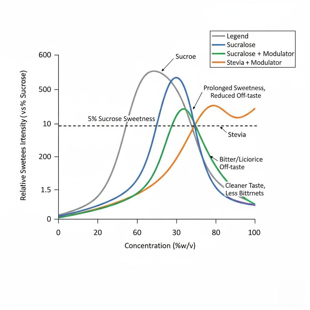 Un diagramme technique illustrant les courbes de douceur de divers édulcorants, comparant le saccharose au sucralose, à la stévia et à leurs versions améliorées par modulateur. Le graphique représente l'intensité sucrée relative en fonction de la concentration, mettant en évidence les différences de douceur maximale, d'apparition, de durée et l'impact des modulateurs de goût sur la réduction des mauvais goûts et l'amélioration du profil sucré. Ce diagramme est précieux pour comprendre les propriétés fonctionnelles des édulcorants dans les applications agroalimentaires.
