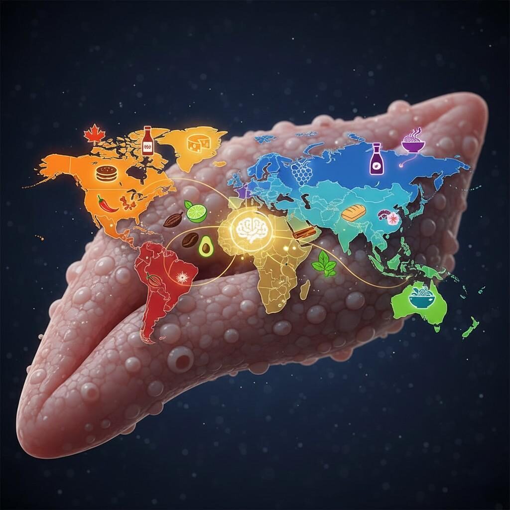 Explorez une carte du monde unique stylisée comme une papille gustative, mettant en valeur différentes régions avec des icônes représentant leurs ingrédients typiques et leurs profils de saveurs. Des piments d'Amérique latine au gingembre d'Asie de l'Est et à la cannelle de la région MENA, cette visualisation créative propose un voyage culinaire mondial.