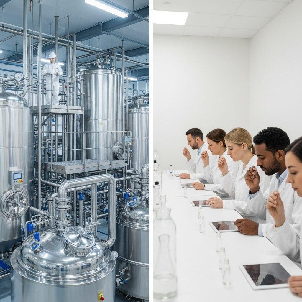 Une image combinant une vue de cuves de production d'arômes haut de gamme étincelantes dans une usine de fabrication avancée avec un laboratoire d'essais sensoriels dédié où des experts évaluent méticuleusement les échantillons. Ce visuel illustre efficacement l'investissement de fabrication substantiel et les processus de contrôle qualité rigoureux qui sous-tendent la création d'arômes de haute qualité, de la production à grande échelle à l'évaluation humaine précise.