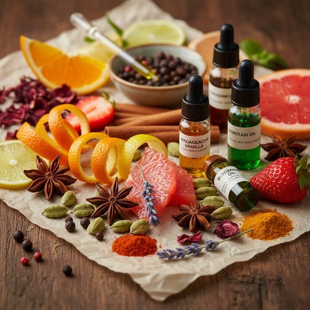 Une superbe photo macro détaillée révèle un arrangement vibrant d'ingrédients naturels complexes sur une table de dégustation, notamment des zestes d'agrumes parfumés, diverses plantes, des tranches de fruits frais, des épices exotiques et des extraits aromatiques concentrés, parfaits pour mettre en valeur le développement des saveurs et l'art culinaire.