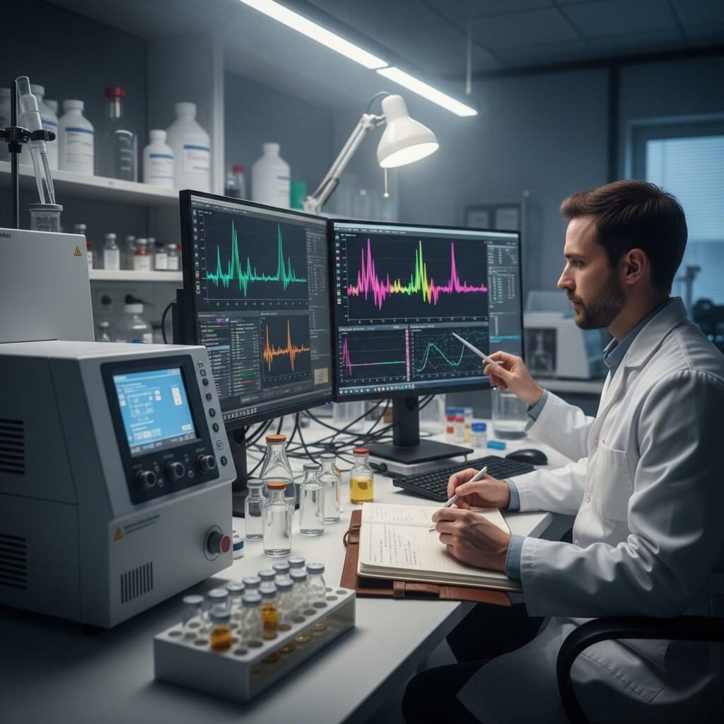 Une image détaillée montrant un scientifique des arômes examinant les lectures GC-MS (chromatographie en phase gazeuse – spectrométrie de masse), analysant des flacons de molécules aromatiques et prenant méticuleusement des notes sur les données des composés aromatiques dans un laboratoire professionnel.