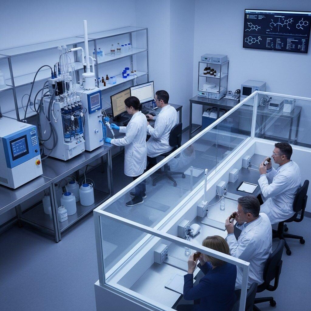 Une photo complète d'un laboratoire de contrôle qualité (CQ) de fabrication d'arômes. L'image présente des instruments GC-MS où les analystes effectuent des tests, ainsi qu'une section dédiée où les panélistes sensoriels évaluent les arômes, mettant en évidence les processus analytiques robustes et le contrôle qualité méticuleux du développement des arômes.