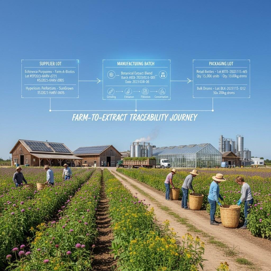 Explorez le parcours complet de traçabilité des plantes, de la ferme à l'extraction. Cette image relie visuellement les lots de fournisseurs, les lots de fabrication et les lots d'emballage, présentant la documentation détaillée et le processus dans une installation de récolte et de traitement botanique pour garantir la transparence et le contrôle qualité.