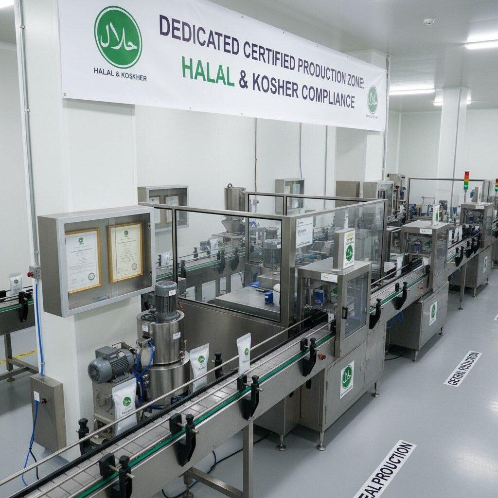 Une photo illustrant une ligne de production d'arômes avec une séparation claire pour la conformité Halal et Casher, comprenant des zones de production certifiées dédiées, des équipements étiquetés et des documents de certification visibles, démontrant une intégration opérationnelle robuste pour les exigences du marché mondial.