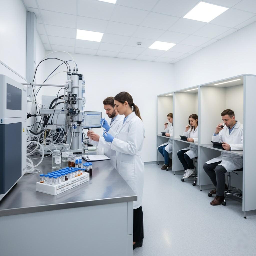 Une scène de laboratoire analytique illustrant des tests de stabilité des arômes, incluant des scientifiques travaillant avec un instrument GC-MS et un panel sensoriel évaluant des échantillons. Cette image visualise les processus analytiques et sensoriels complets cruciaux pour déterminer la durée de conservation des arômes.