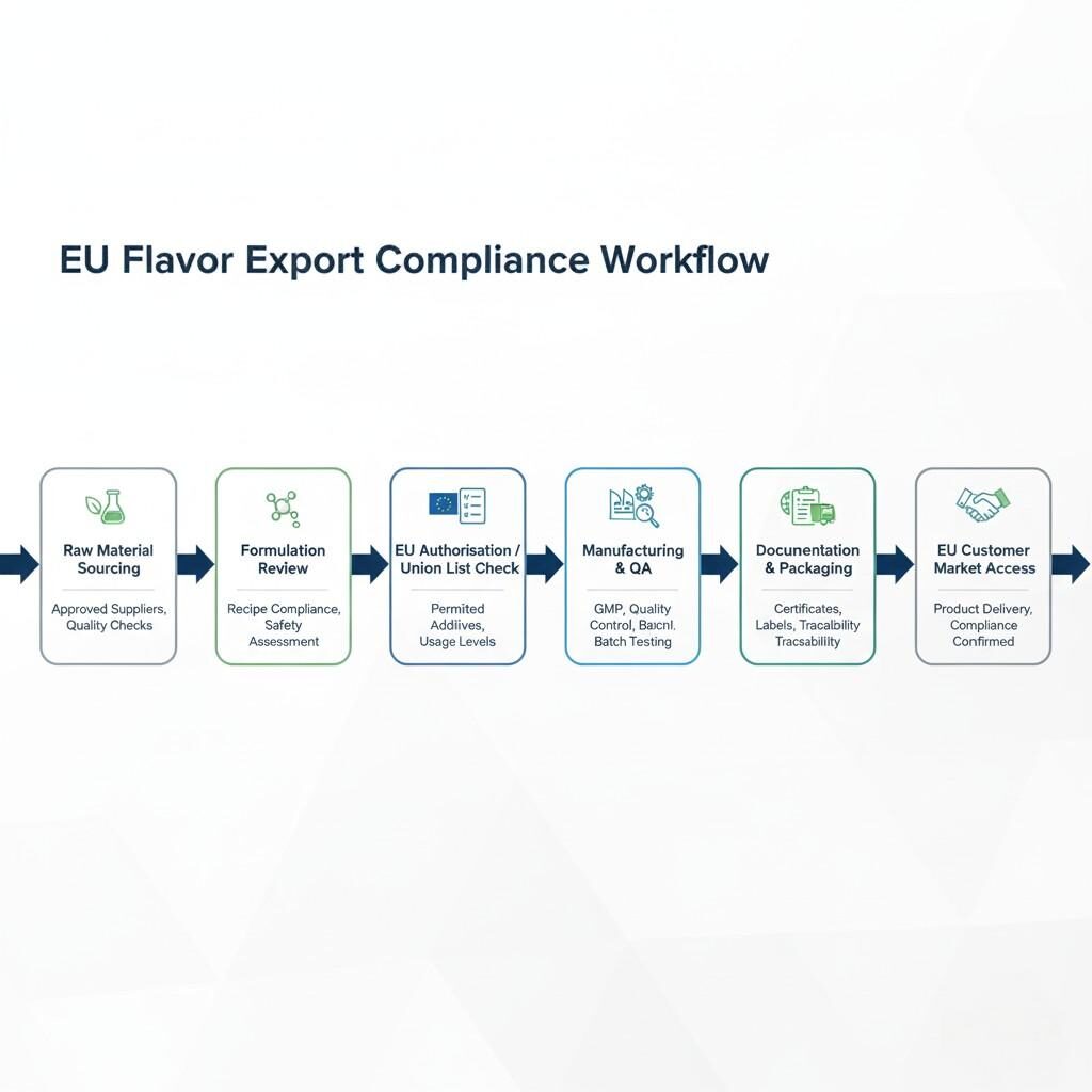 Un diagramme de flux de travail complet illustrant le processus de conformité des exportations de bout en bout pour les fabricants d'arômes, depuis l'approvisionnement en matières premières et l'examen de la formulation jusqu'à l'autorisation européenne, l'assurance qualité de la fabrication, la documentation, la logistique et l'accès final au marché des clients européens. Ce visuel décrit les étapes critiques pour une exportation internationale réussie d’arômes.